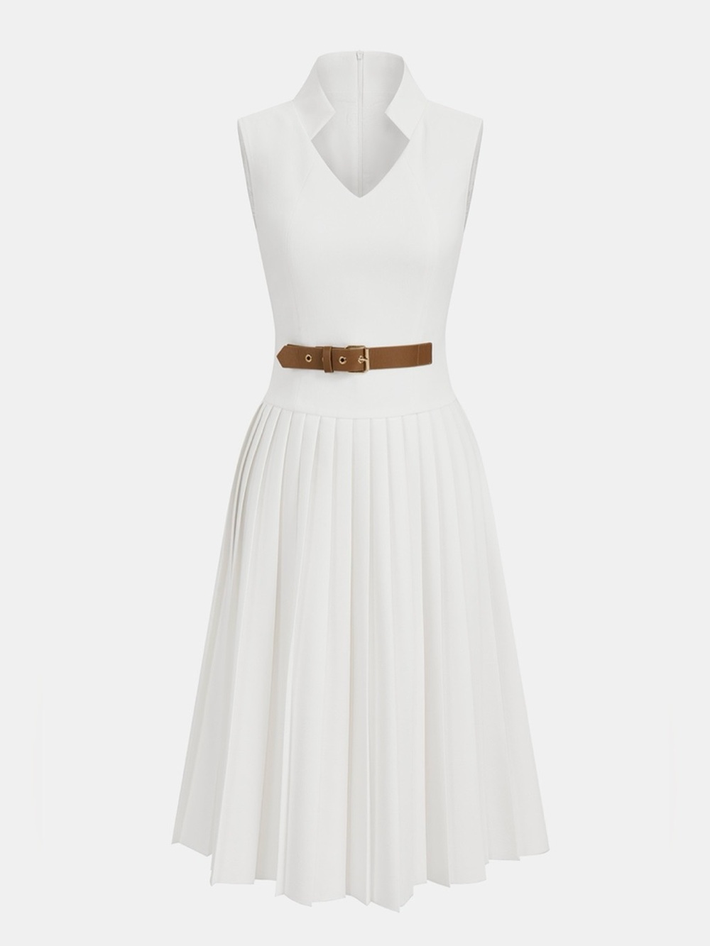 Commense White V-Neck Pleated Midi Dress with Brown Belt